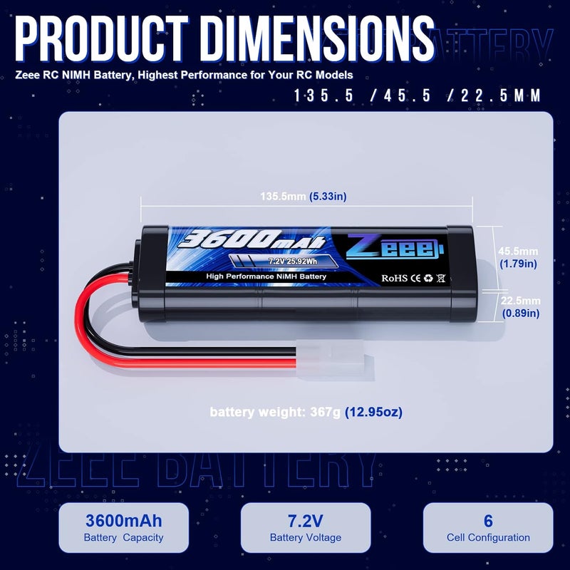 Zeee 7.2V NiMH Battery 3600mAh RC Battery High Power with Tamiya Connector for RC Car RC Truck Associated HPI Losi Kyosho Racing Hobby - Image 2
